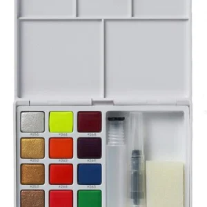 Caja de acuarelas Koi Sakura 12 pastillas Colores metálicos y fluor + pincel con depósito