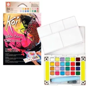 Caja de acuarelas Koi Sakura Colores metálicos y flúor 24 pastillas + pincel con depósito